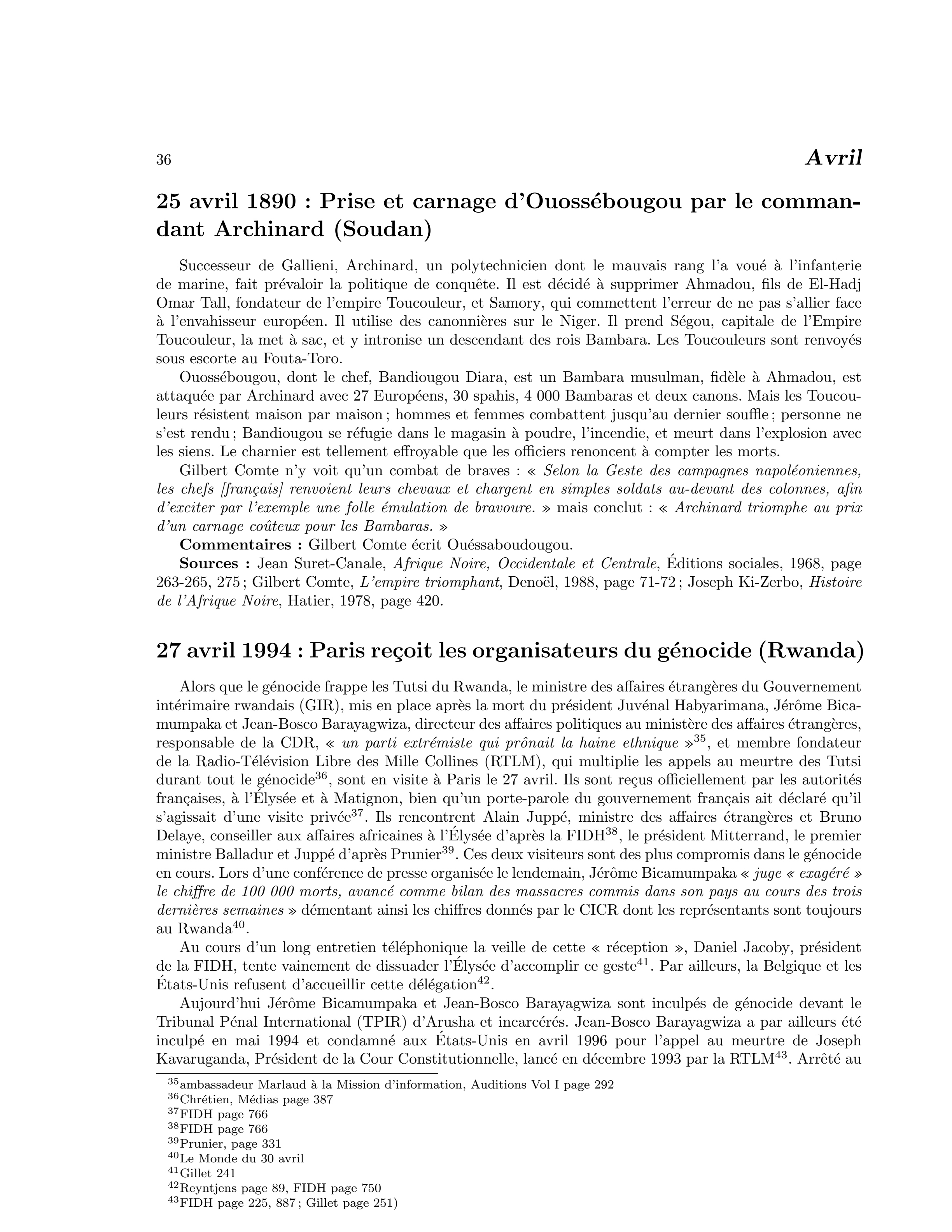 27 avril 1994 — Paris reçoit les organisateurs du génocide (Rwanda)