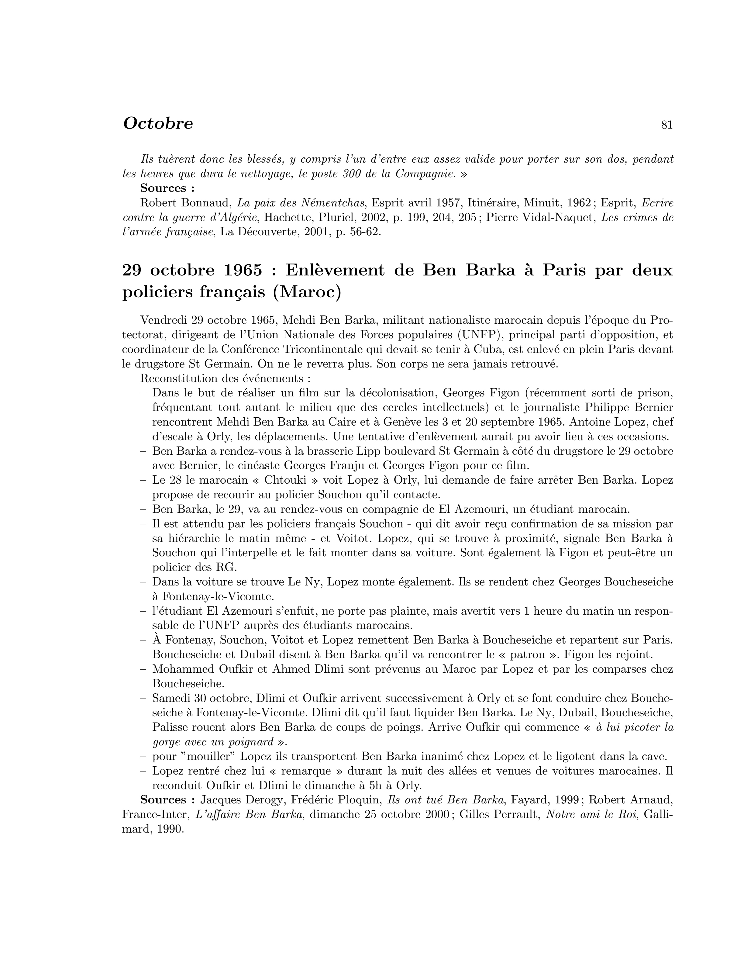 29 octobre 1965 — Enlèvement de Ben Barka à Paris par deux policiers français (Maroc)